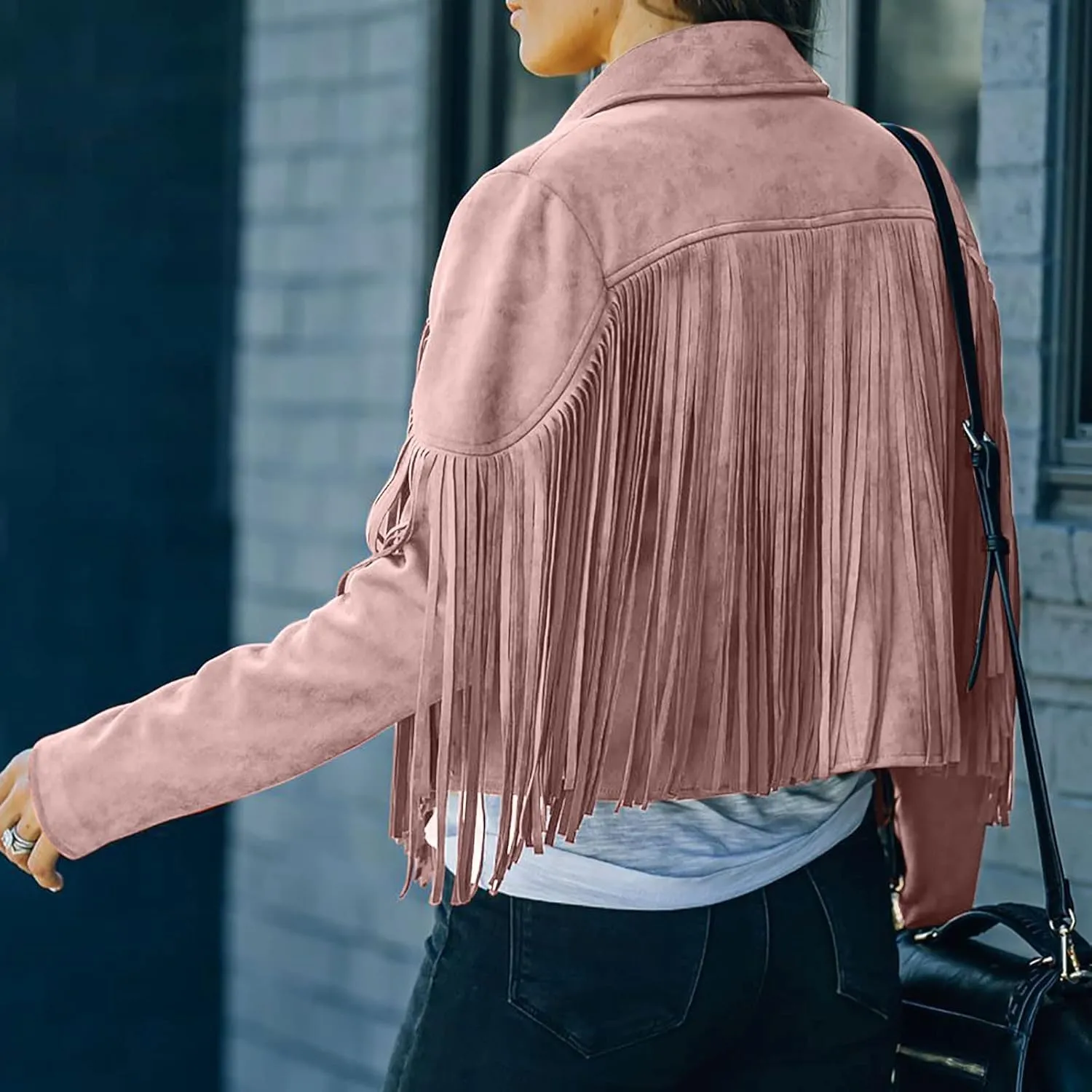 Womens Faux Suede Leather Jacket Fashion Fringe Cropped Coat Solid Motorcycle Outwear Casual Tassels Cardigan