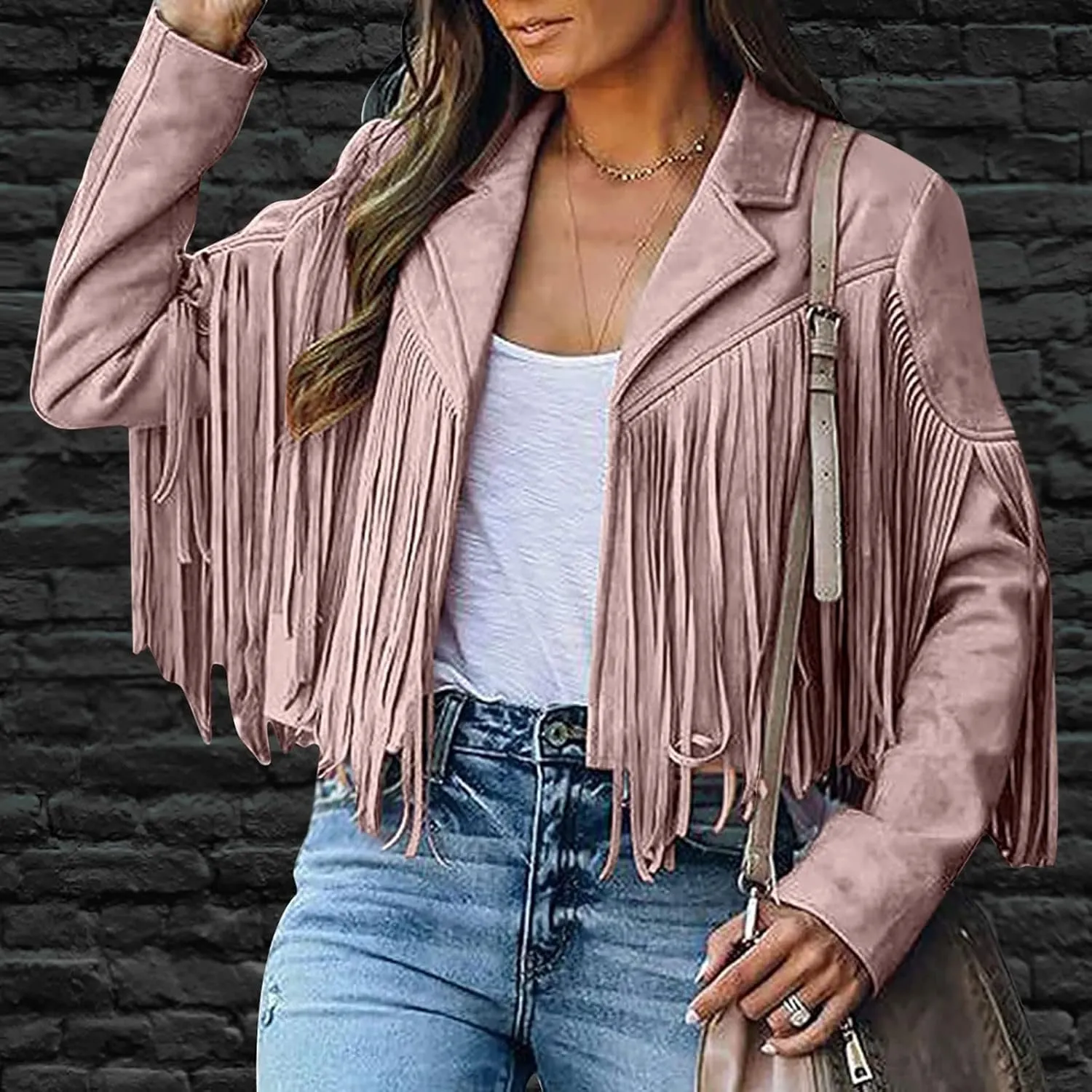 Womens Faux Suede Leather Jacket Fashion Fringe Cropped Coat Solid Motorcycle Outwear Casual Tassels Cardigan