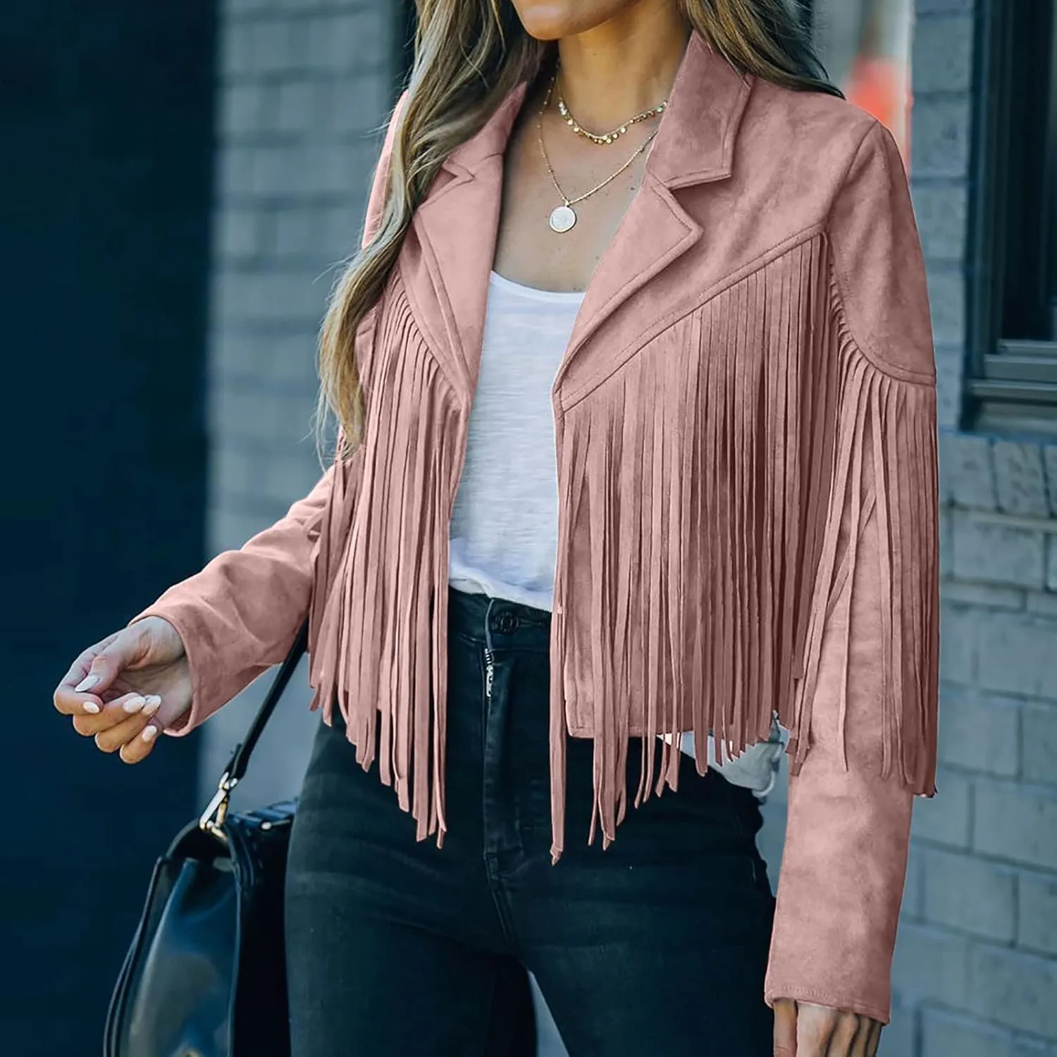 Womens Faux Suede Leather Jacket Fashion Fringe Cropped Coat Solid Motorcycle Outwear Casual Tassels Cardigan