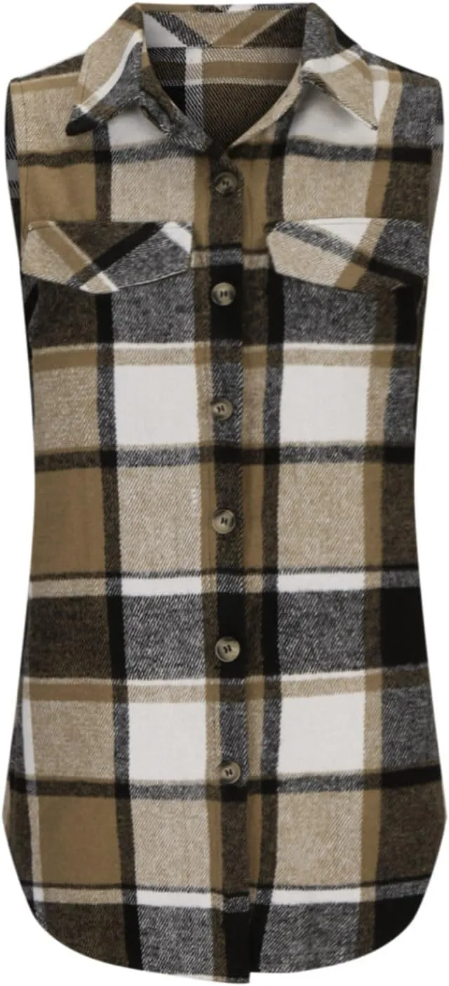 Womens Flannel Plaid Vests 2024 Trendy Long Sleeveless Button Down Shirt Jacket Casual Fall Winter Coat Outerwear