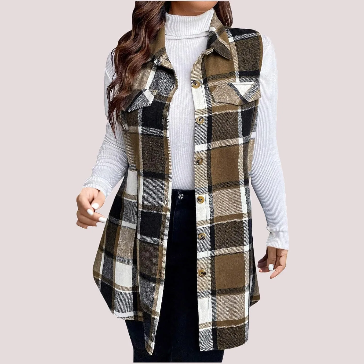 Womens Flannel Plaid Vests 2024 Trendy Long Sleeveless Button Down Shirt Jacket Casual Fall Winter Coat Outerwear