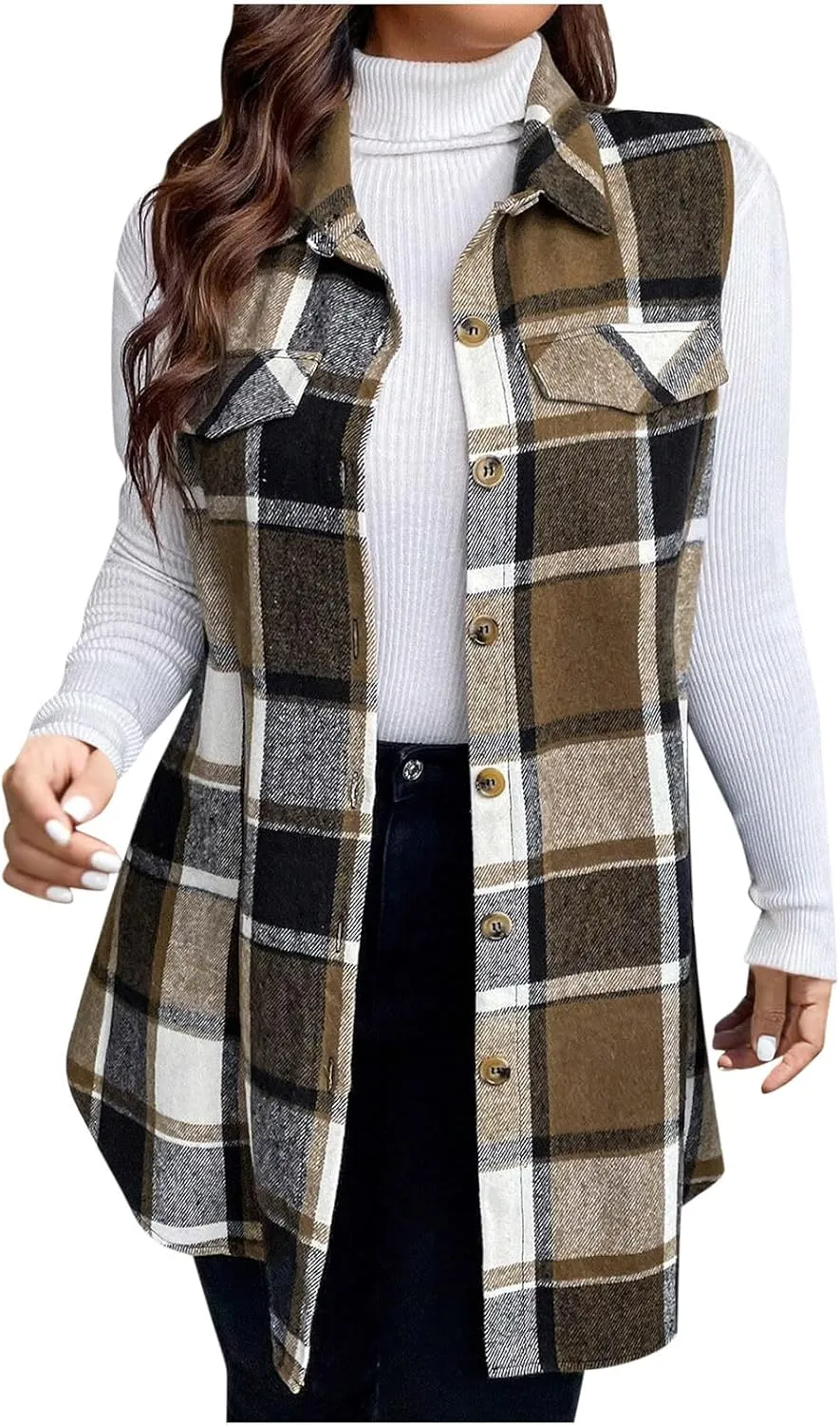 Womens Flannel Plaid Vests 2024 Trendy Long Sleeveless Button Down Shirt Jacket Casual Fall Winter Coat Outerwear