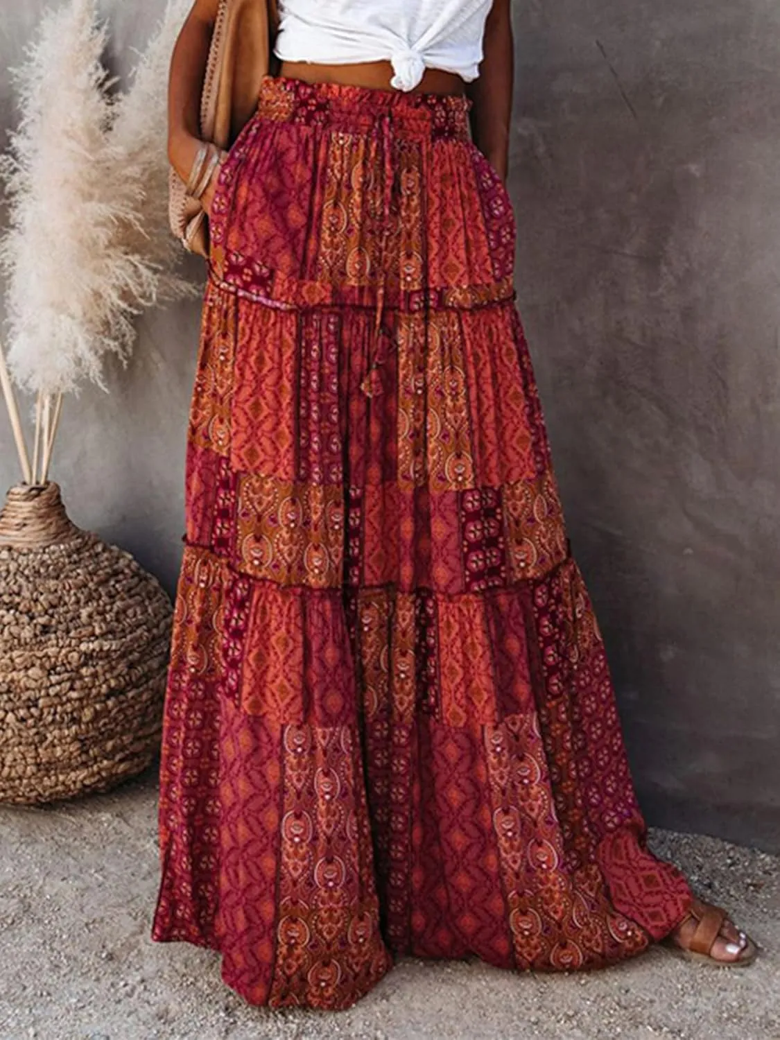 Womens Floral Boho Long Maxi Skirt Elastic High Waist Pleated Ruffle Flowy Tiered Swing Beach Skirt with Pocket