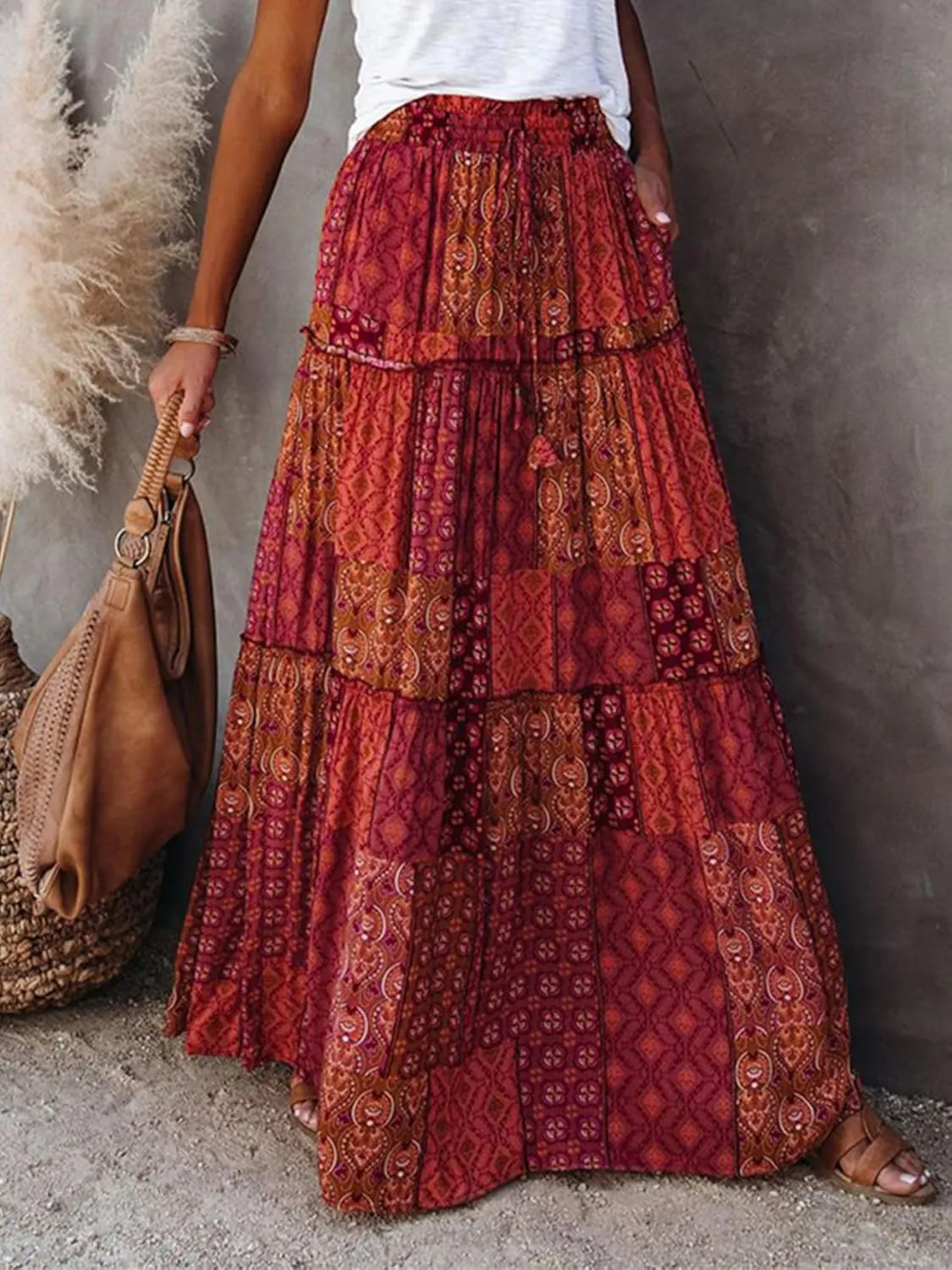 Womens Floral Boho Long Maxi Skirt Elastic High Waist Pleated Ruffle Flowy Tiered Swing Beach Skirt with Pocket