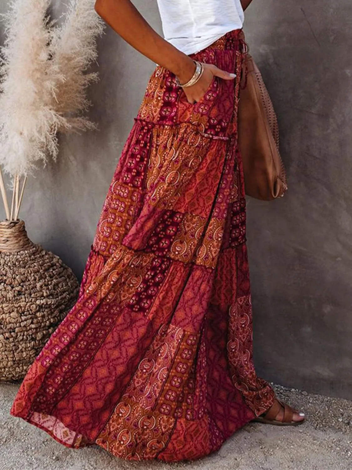 Womens Floral Boho Long Maxi Skirt Elastic High Waist Pleated Ruffle Flowy Tiered Swing Beach Skirt with Pocket