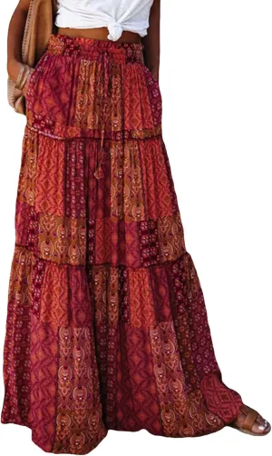 Womens Floral Boho Long Maxi Skirt Elastic High Waist Pleated Ruffle Flowy Tiered Swing Beach Skirt with Pocket