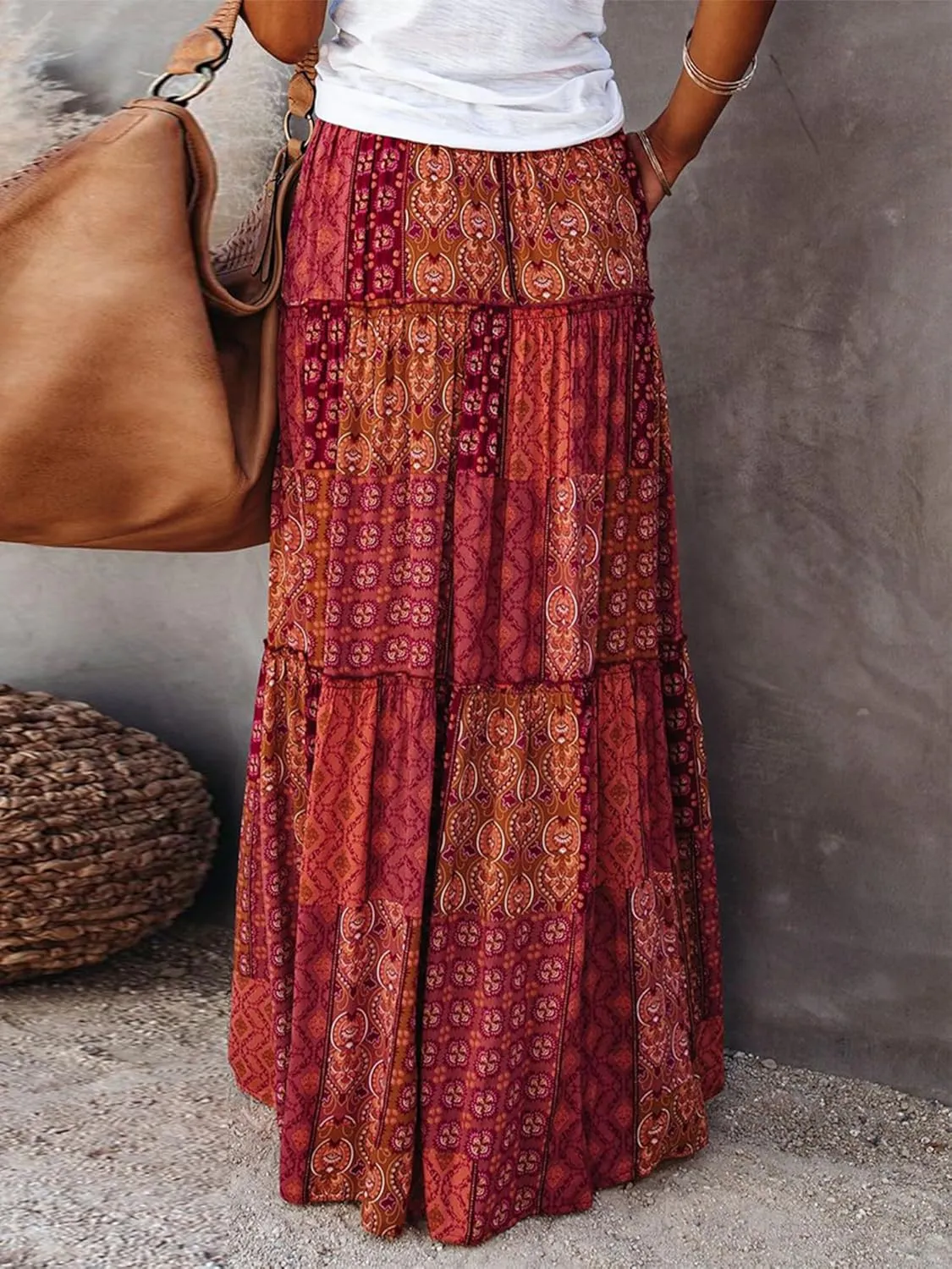 Womens Floral Boho Long Maxi Skirt Elastic High Waist Pleated Ruffle Flowy Tiered Swing Beach Skirt with Pocket