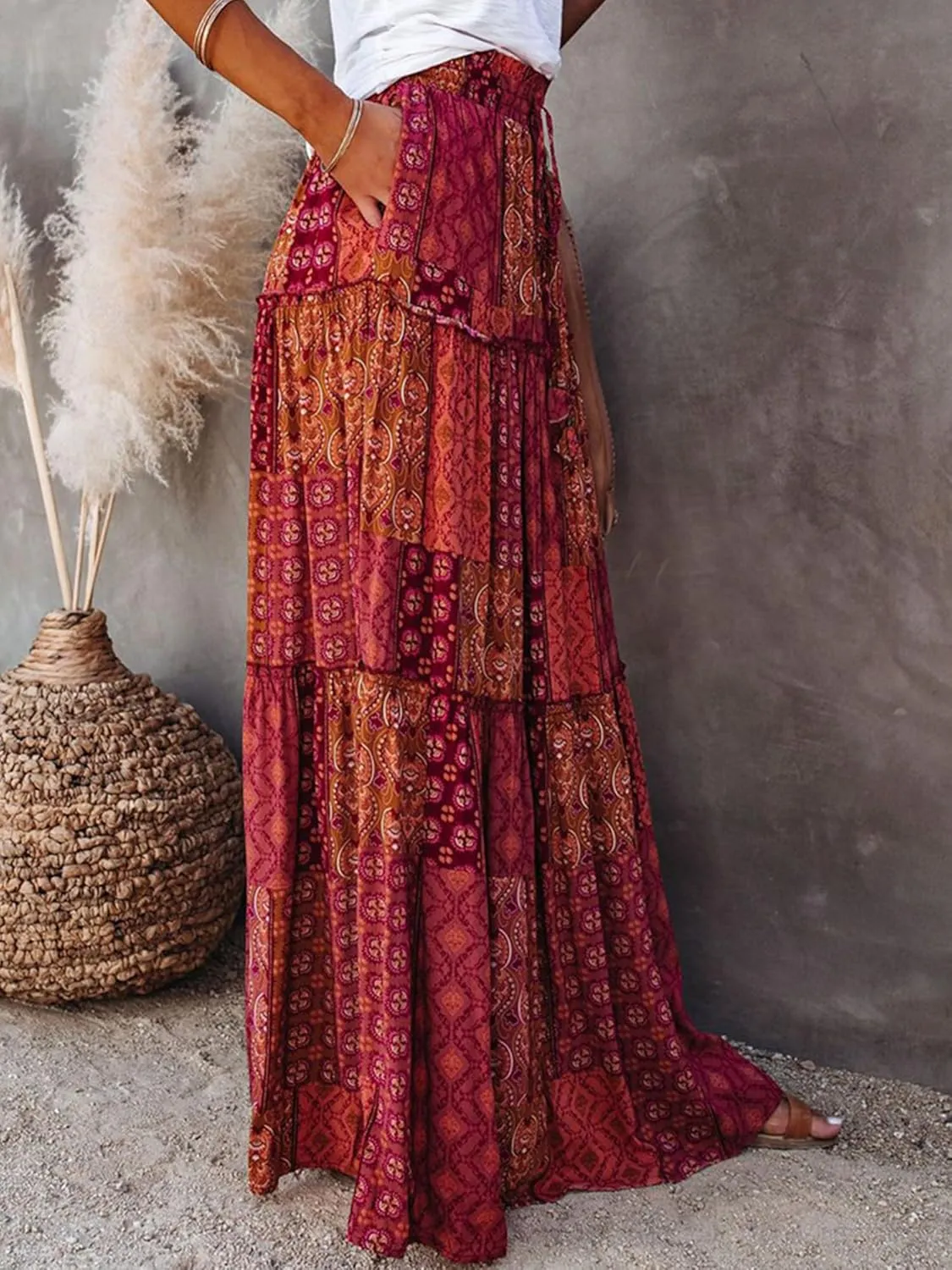 Womens Floral Boho Long Maxi Skirt Elastic High Waist Pleated Ruffle Flowy Tiered Swing Beach Skirt with Pocket