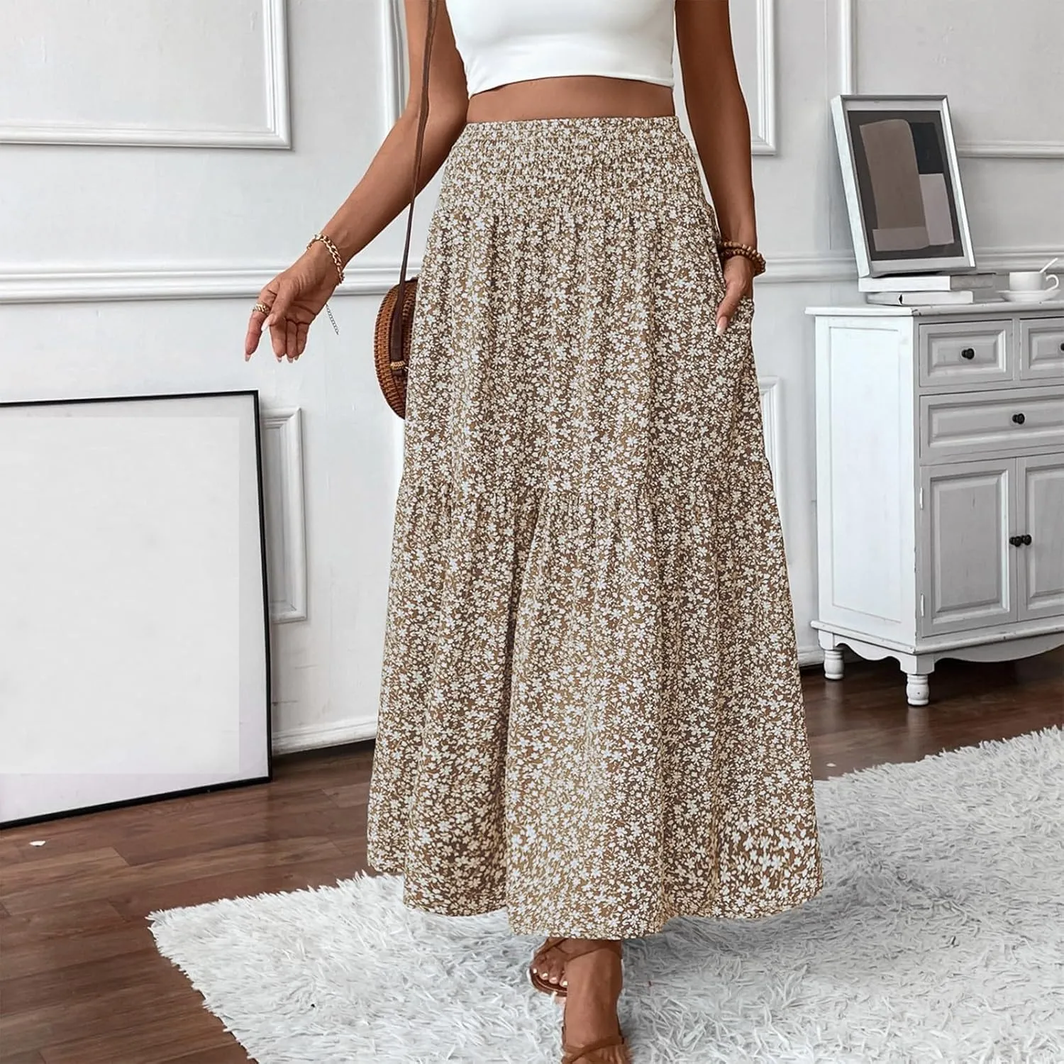 Womens Floral Maxi Skirt A Line Tiered Long Flowy Skirts with Pockets Casual Smocked High Waisted Boho Beach Skirts