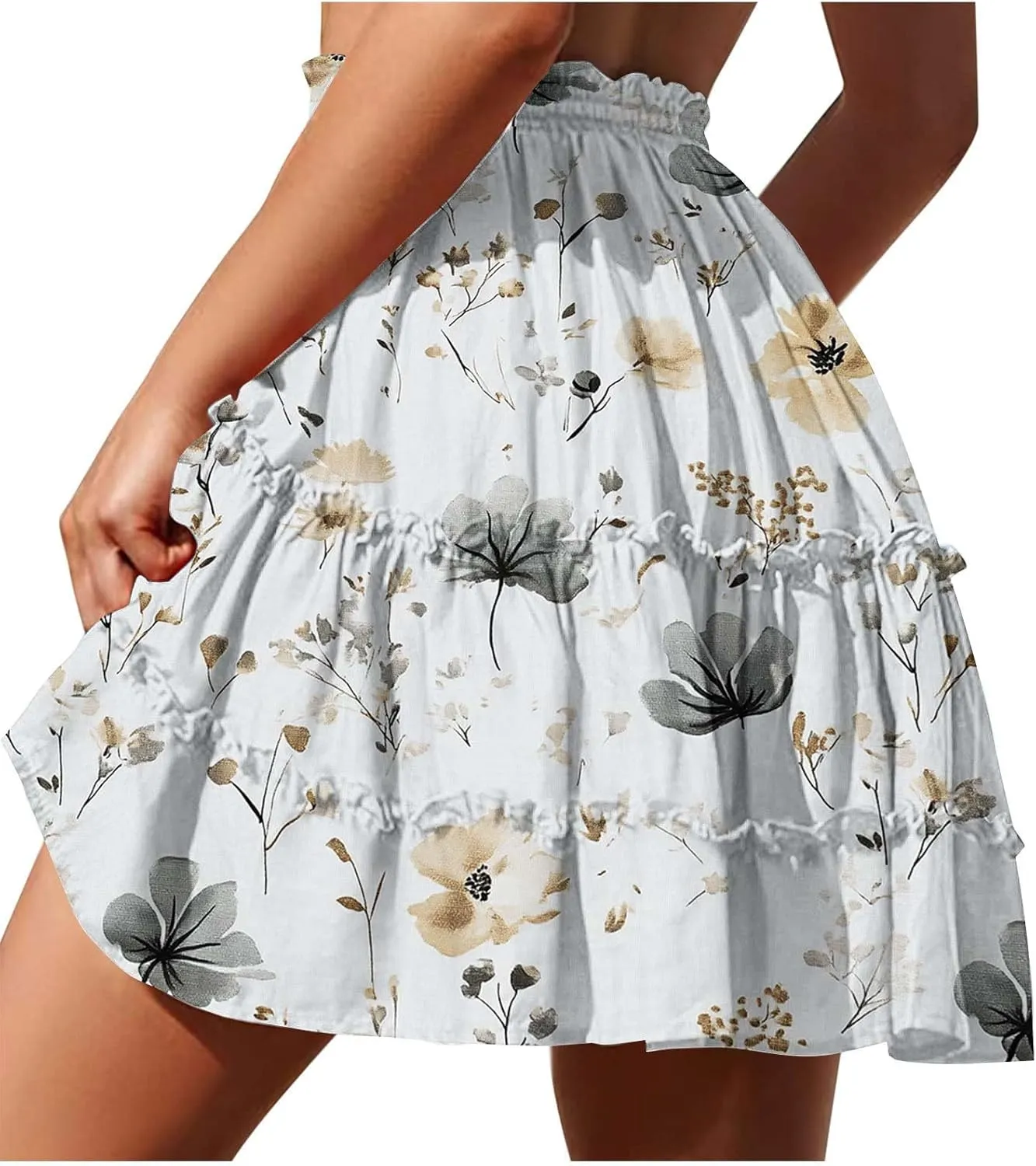 Womens Flowy High Waist Pleated Mini Skirts Casual Boho Floral Ruffle Tiered Skorts Cute Summer Fashion Shorts