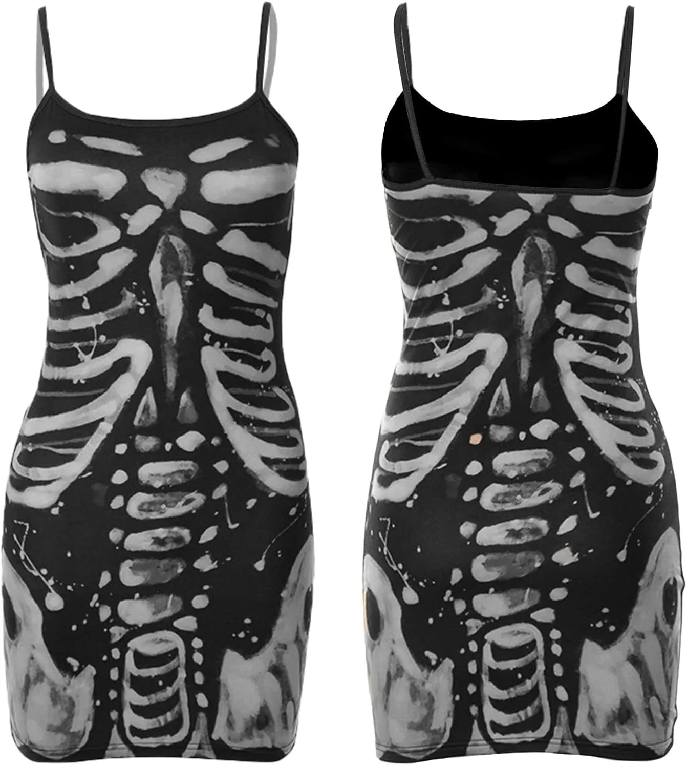 Women's Halloween Gothic Bodycon Mini Dress Spaghetti Strap Skeleton Print Camisole Dress Cosplay Party Streetwear