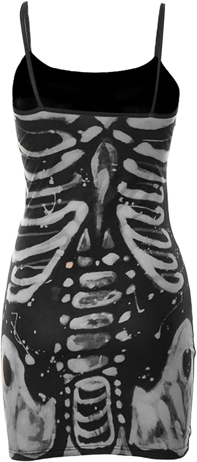 Women's Halloween Gothic Bodycon Mini Dress Spaghetti Strap Skeleton Print Camisole Dress Cosplay Party Streetwear