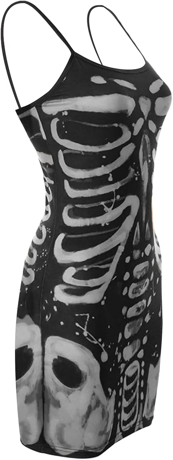 Women's Halloween Gothic Bodycon Mini Dress Spaghetti Strap Skeleton Print Camisole Dress Cosplay Party Streetwear