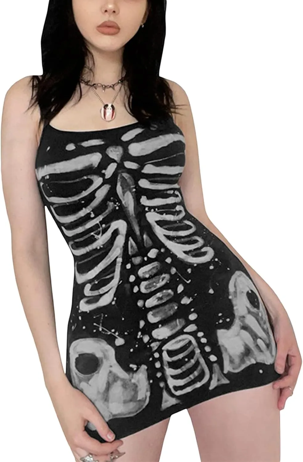 Women's Halloween Gothic Bodycon Mini Dress Spaghetti Strap Skeleton Print Camisole Dress Cosplay Party Streetwear