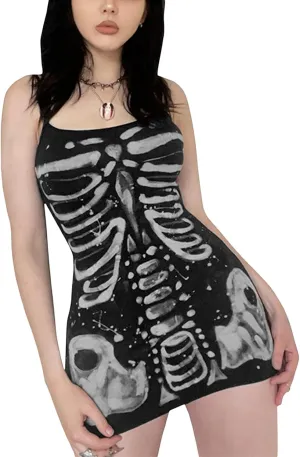 Women's Halloween Gothic Bodycon Mini Dress Spaghetti Strap Skeleton Print Camisole Dress Cosplay Party Streetwear