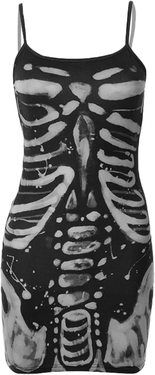 Women's Halloween Gothic Bodycon Mini Dress Spaghetti Strap Skeleton Print Camisole Dress Cosplay Party Streetwear