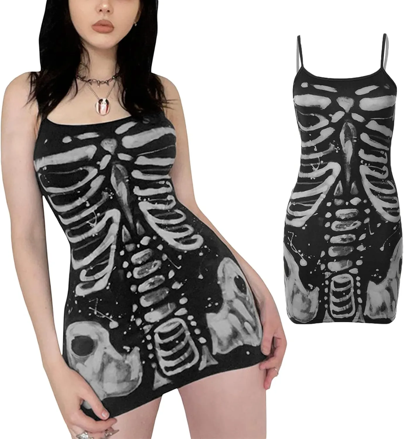 Women's Halloween Gothic Bodycon Mini Dress Spaghetti Strap Skeleton Print Camisole Dress Cosplay Party Streetwear