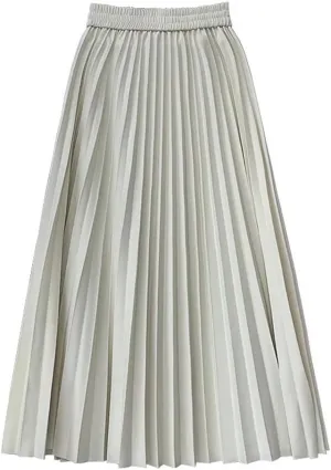 Women's High Waist Pleated Skirt Solid Color Mid-Length Pleated Skirt Big Hem A-Line Skirt White One Size
