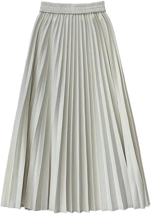 Women's High Waist Pleated Skirt Solid Color Mid-Length Pleated Skirt Big Hem A-Line Skirt White One Size