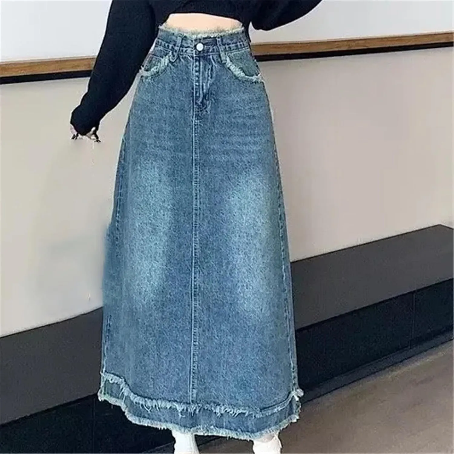 Women's High-Waisted Slimming Denim Skirt  Plus Size Spring A-Line Waist Hiding Mid-Length Dress