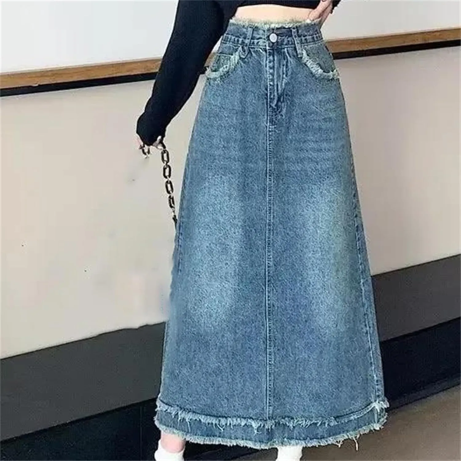 Women's High-Waisted Slimming Denim Skirt  Plus Size Spring A-Line Waist Hiding Mid-Length Dress
