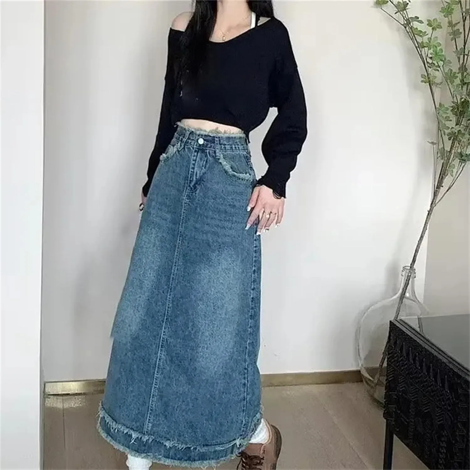 Women's High-Waisted Slimming Denim Skirt  Plus Size Spring A-Line Waist Hiding Mid-Length Dress