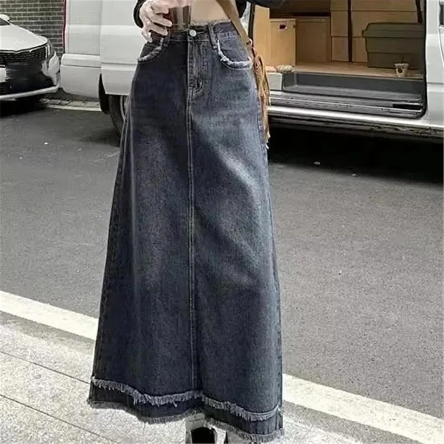 Women's High-Waisted Slimming Denim Skirt  Plus Size Spring A-Line Waist Hiding Mid-Length Dress