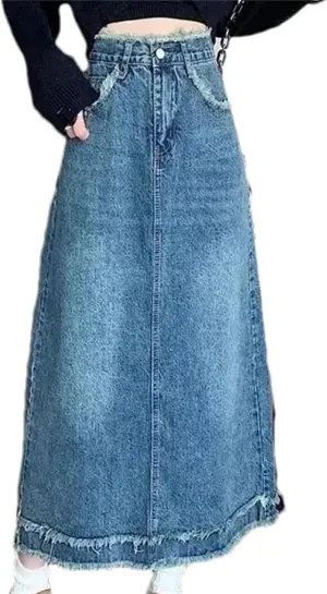 Women's High-Waisted Slimming Denim Skirt  Plus Size Spring A-Line Waist Hiding Mid-Length Dress