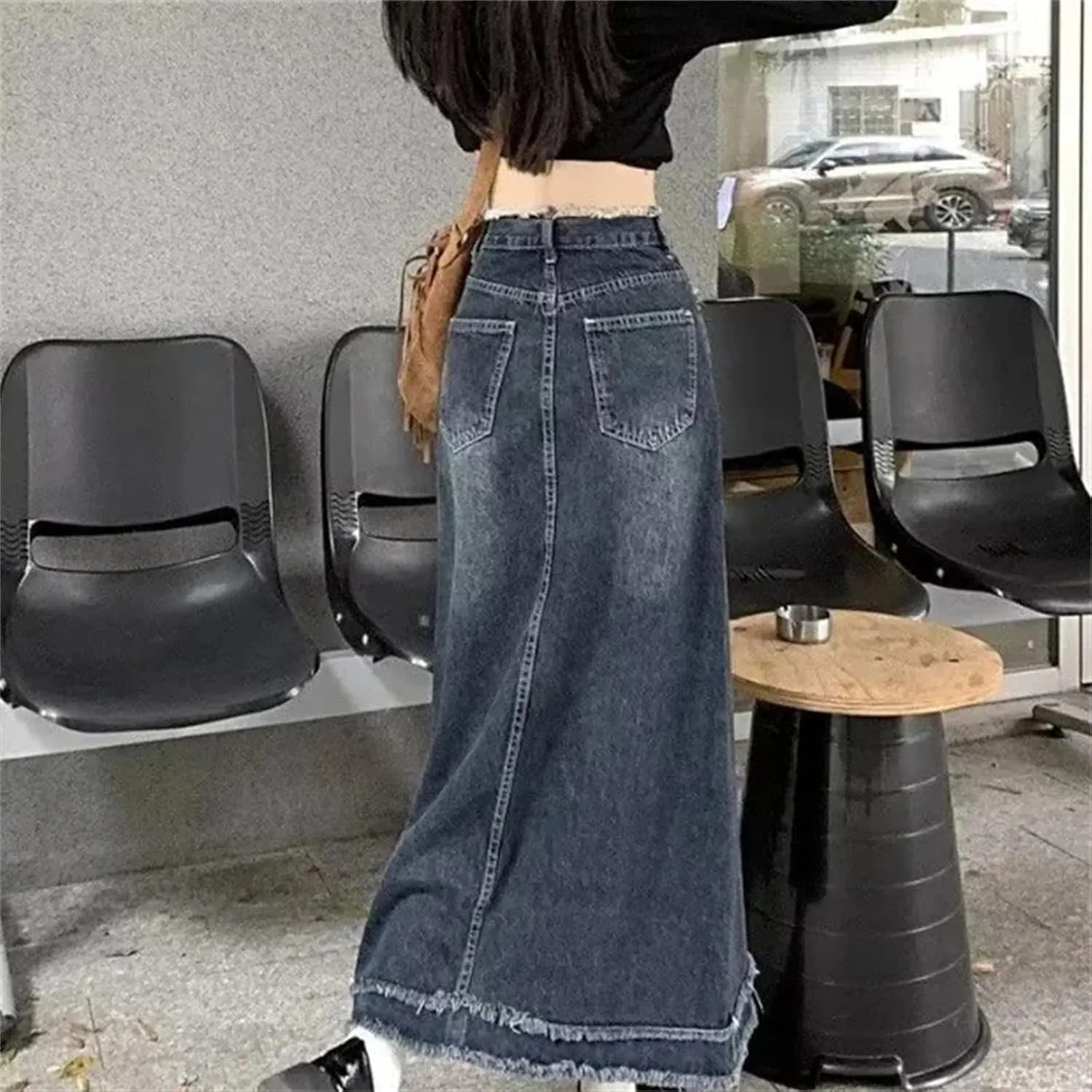 Women's High-Waisted Slimming Denim Skirt  Plus Size Spring A-Line Waist Hiding Mid-Length Dress