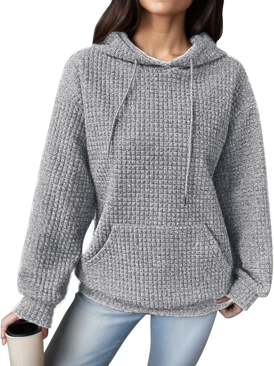 Womens Hoodies Casual Long Sleeve Waffle Knit Hooded Sweatshirts Solid Color Drawstring Pullover Sweaters Warm Tops