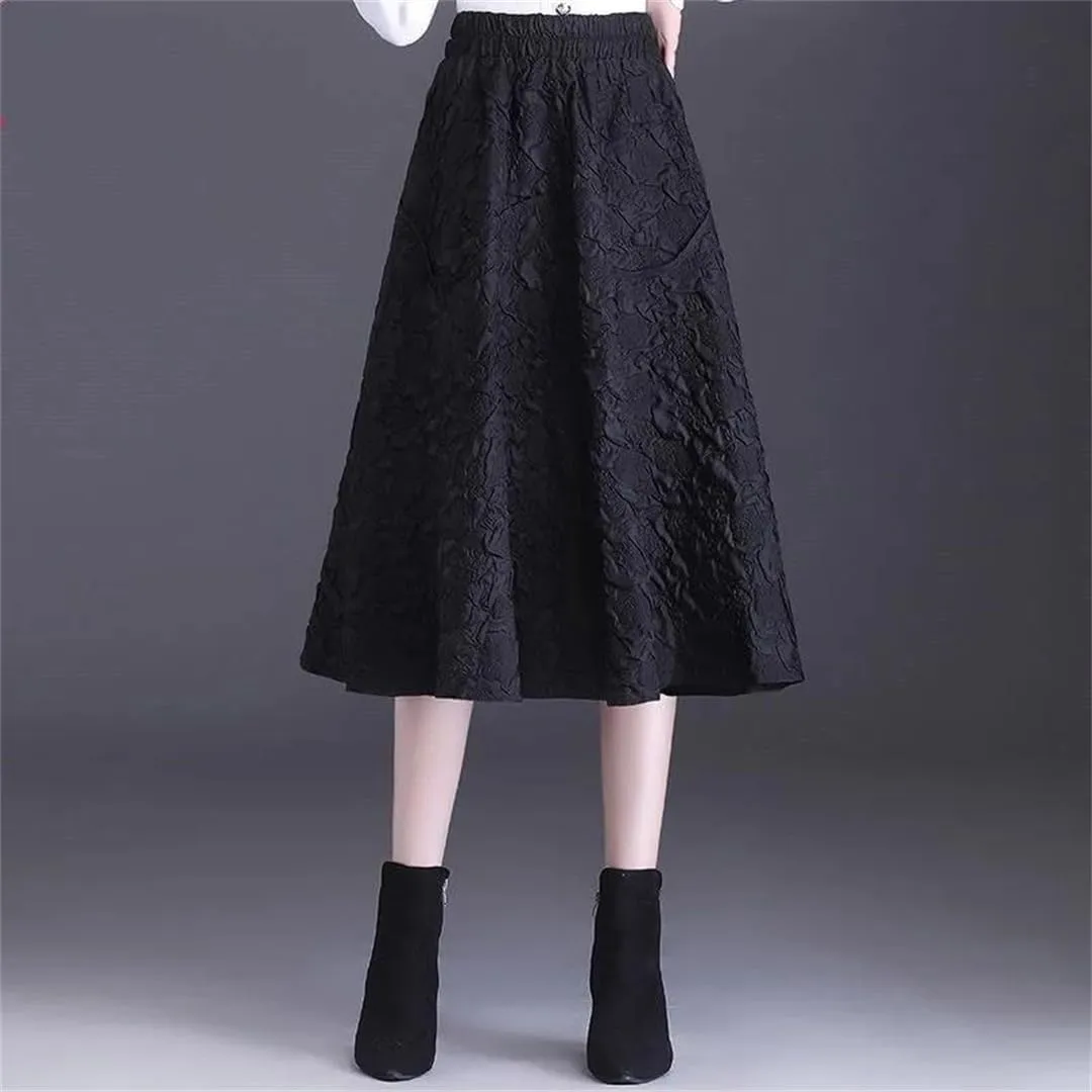 Women's Jacquard A-Line High Waist Mid Length Slim Elastic Waist Pleated Umbrella Skirt
