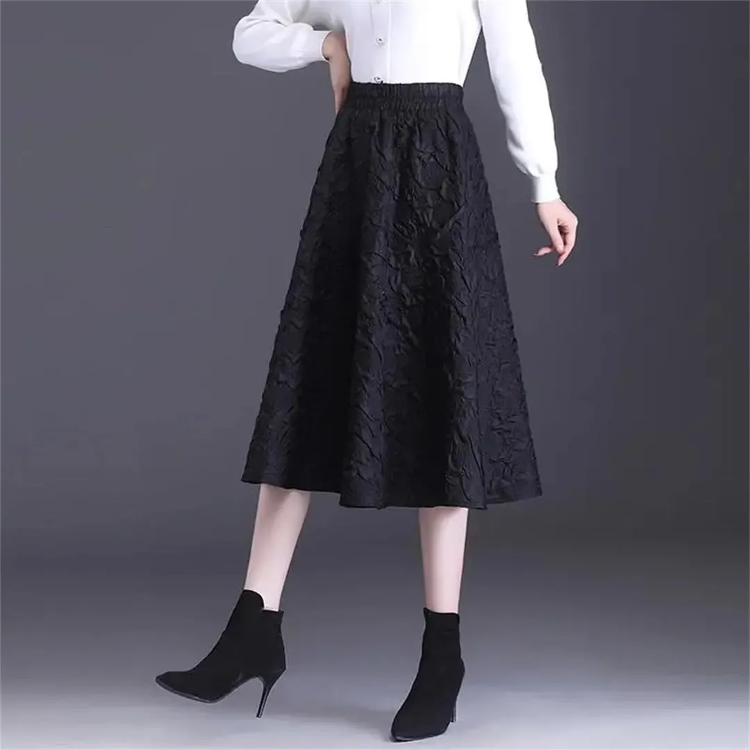 Women's Jacquard A-Line High Waist Mid Length Slim Elastic Waist Pleated Umbrella Skirt