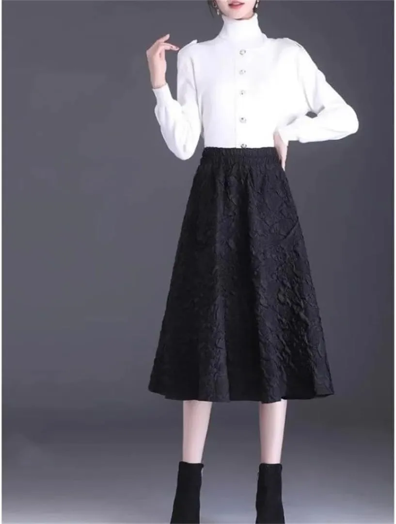 Women's Jacquard A-Line High Waist Mid Length Slim Elastic Waist Pleated Umbrella Skirt