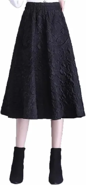 Women's Jacquard A-Line High Waist Mid Length Slim Elastic Waist Pleated Umbrella Skirt