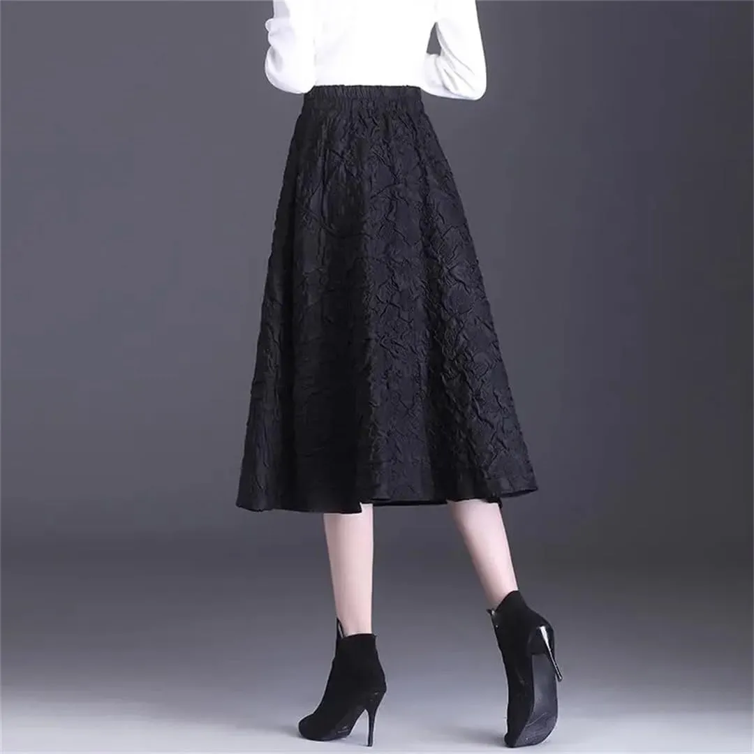 Women's Jacquard A-Line High Waist Mid Length Slim Elastic Waist Pleated Umbrella Skirt