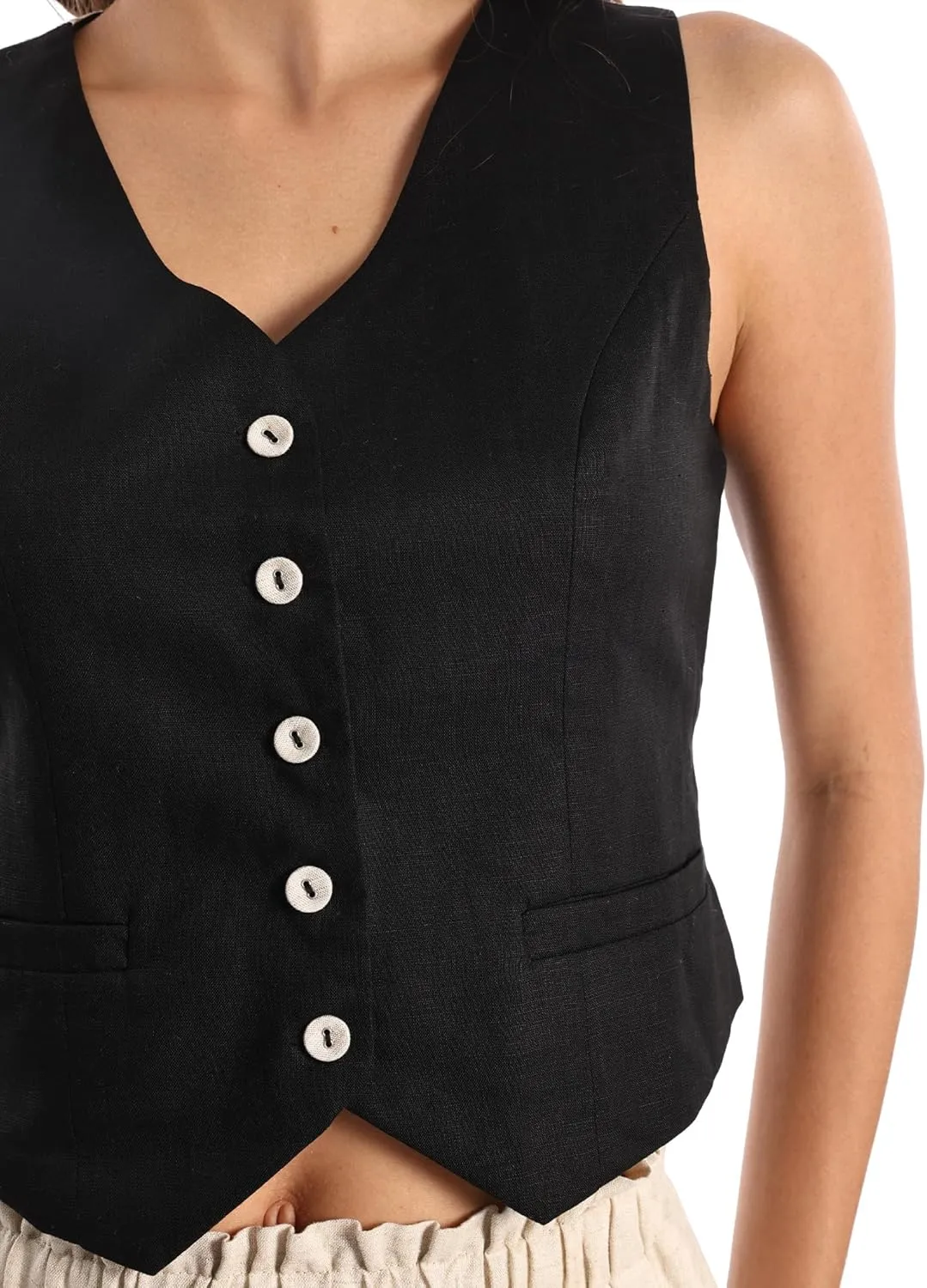 Womens Linen Blend Cropped Vest Sleeveless V Neck Two-Tone Button Down Waistcoat Vest