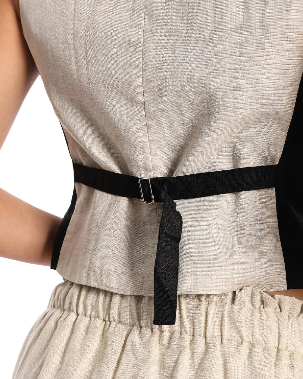 Womens Linen Blend Cropped Vest Sleeveless V Neck Two-Tone Button Down Waistcoat Vest