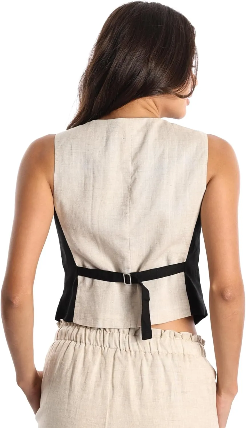 Womens Linen Blend Cropped Vest Sleeveless V Neck Two-Tone Button Down Waistcoat Vest