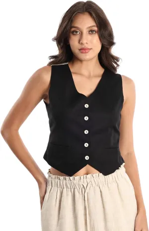 Womens Linen Blend Cropped Vest Sleeveless V Neck Two-Tone Button Down Waistcoat Vest