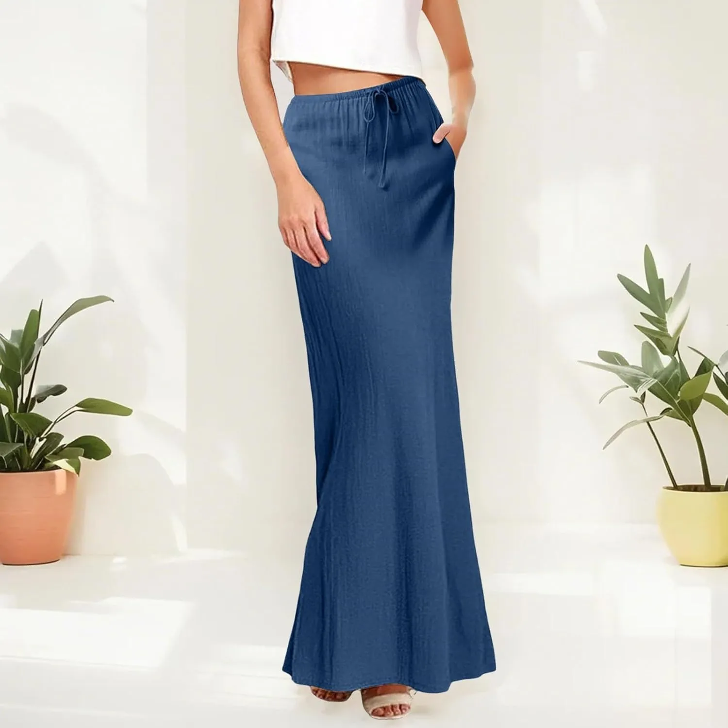 Womens Linen Casual Midi Skirts Women High Waisted Drawstring Flowy Long Skirt Solid Pencil Skirt for Women