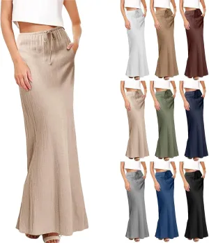 Womens Linen Casual Midi Skirts Women High Waisted Drawstring Flowy Long Skirt Solid Pencil Skirt for Women
