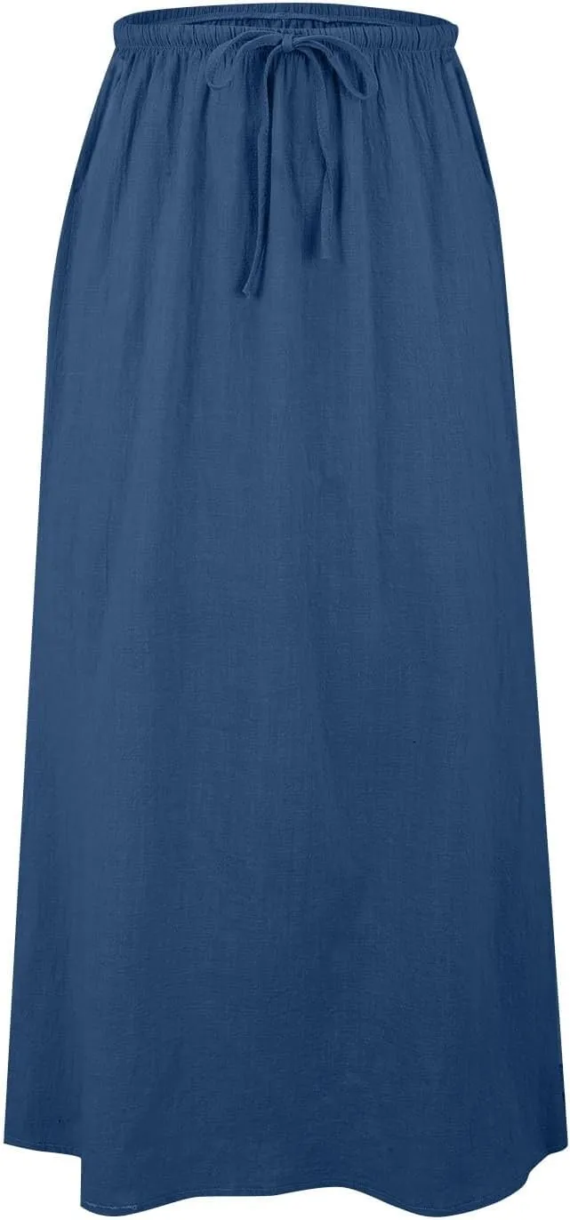Womens Linen Casual Midi Skirts Women High Waisted Drawstring Flowy Long Skirt Solid Pencil Skirt for Women