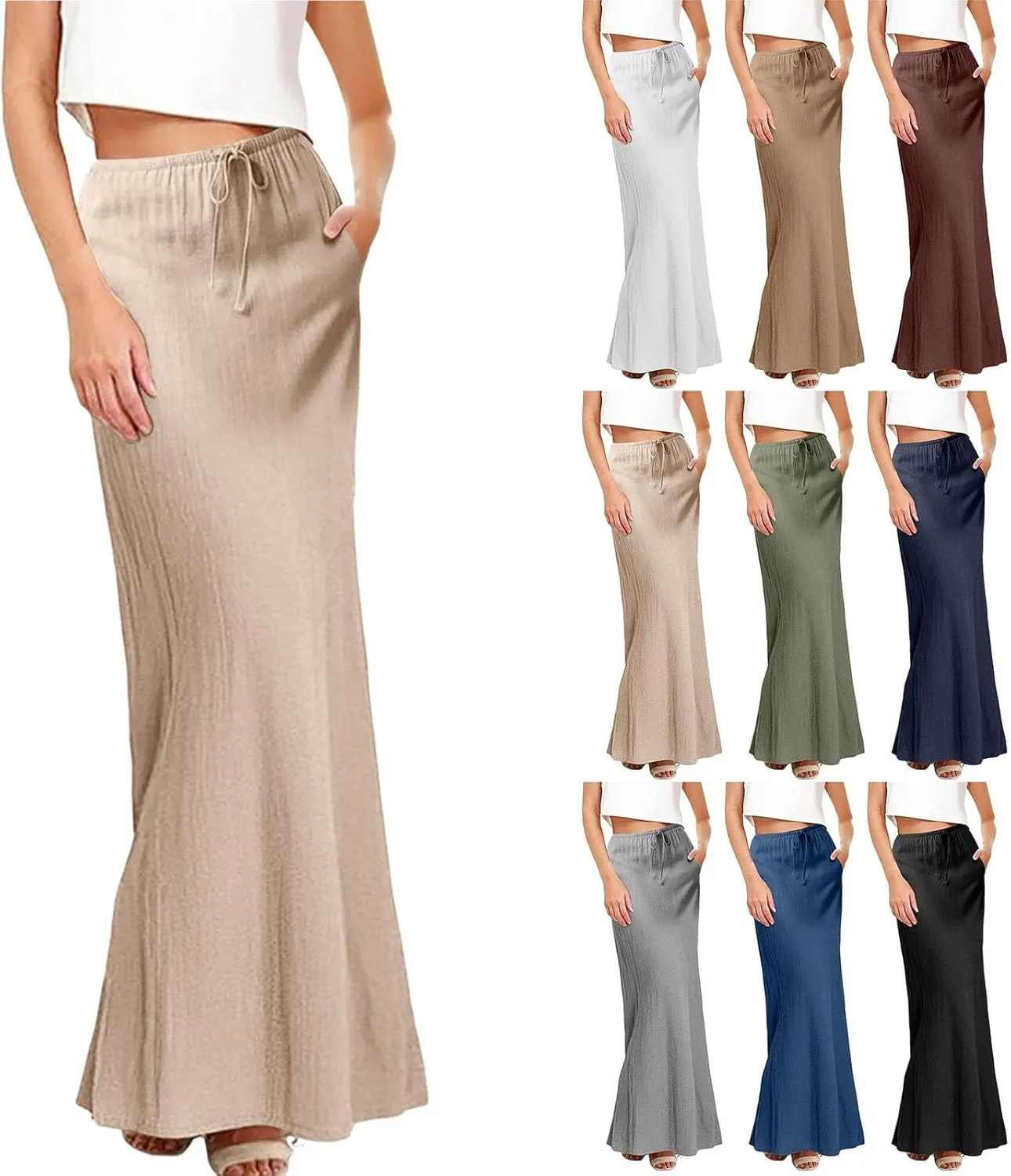 Womens Linen Casual Midi Skirts Women High Waisted Drawstring Flowy Long Skirt Solid Pencil Skirt for Women