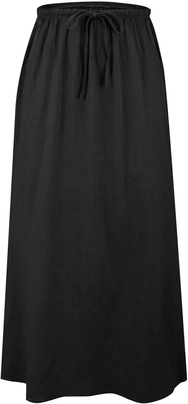 Womens Linen Casual Midi Skirts Women High Waisted Drawstring Flowy Long Skirt Solid Pencil Skirt for Women