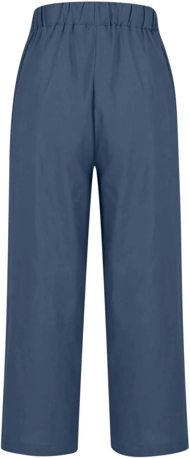 Women's Linen Pants 2025 Summer Spring Elastic Waisted Loose Straight Trouser Wide Leg Casual Pants with Pockets