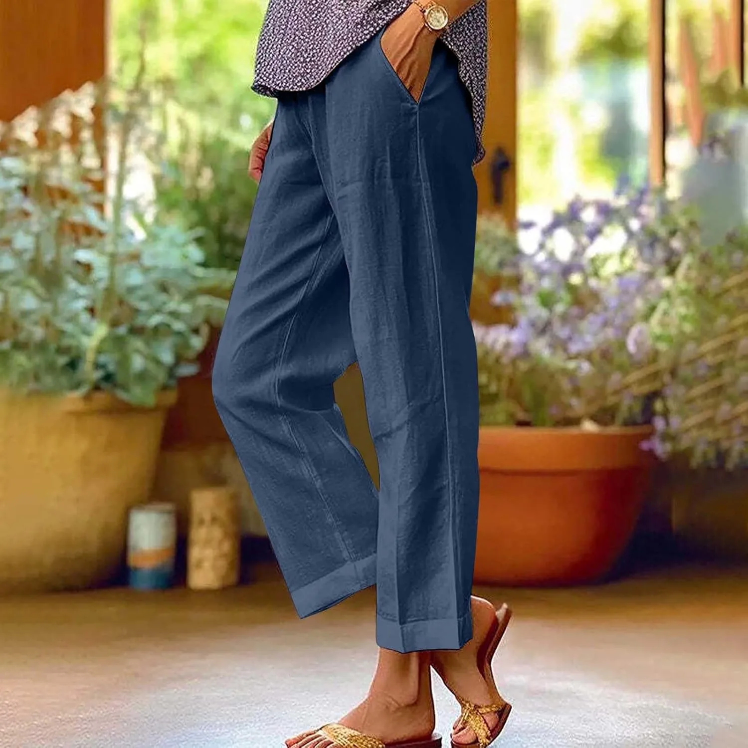 Women's Linen Pants 2025 Summer Spring Elastic Waisted Loose Straight Trouser Wide Leg Casual Pants with Pockets