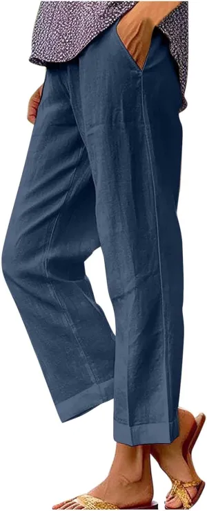 Women's Linen Pants 2025 Summer Spring Elastic Waisted Loose Straight Trouser Wide Leg Casual Pants with Pockets
