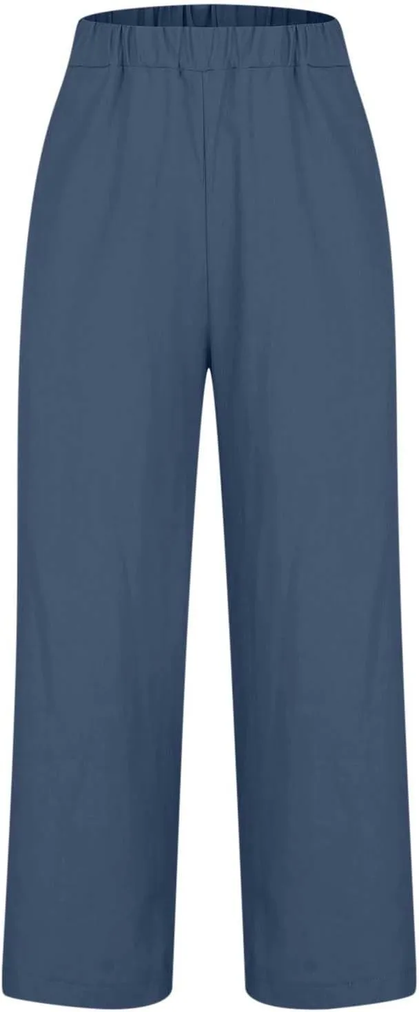 Women's Linen Pants 2025 Summer Spring Elastic Waisted Loose Straight Trouser Wide Leg Casual Pants with Pockets