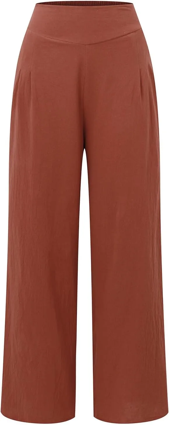 Womens Linen Pants Smocked High Waist Flowy Beach Trousers Outfits 2025 Summer Casual Loose Wide Leg Palazzo Long Pants