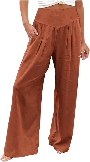 Womens Linen Pants Smocked High Waist Flowy Beach Trousers Outfits 2025 Summer Casual Loose Wide Leg Palazzo Long Pants